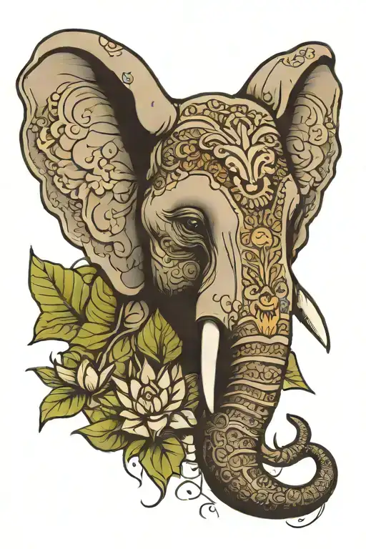 Elephant Head With Mandela Design With Lotus Flower And Lotus Leaves