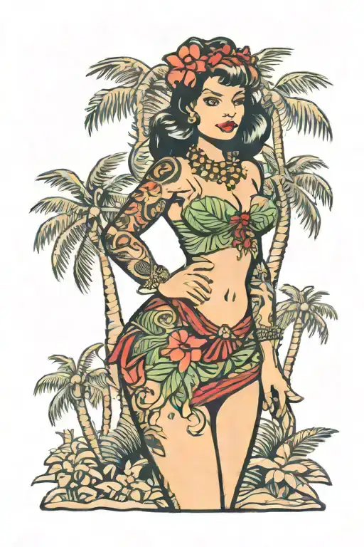 Hula Girl Pin Up With Tattoos Standing With Palm Tree