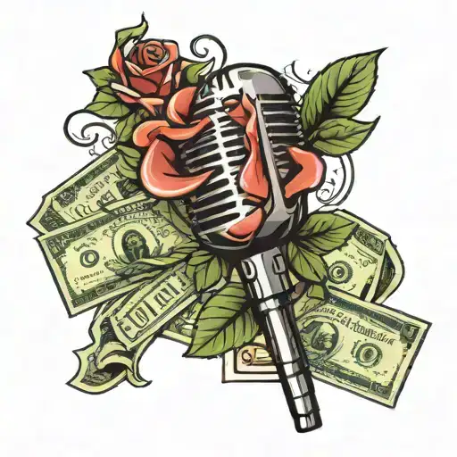 A Microphone Intertwined With A Rose And Money Bills