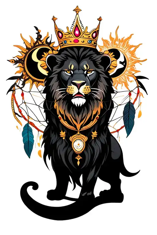 Crown Angry Lion And Dream Catcher And Sun And Moon
