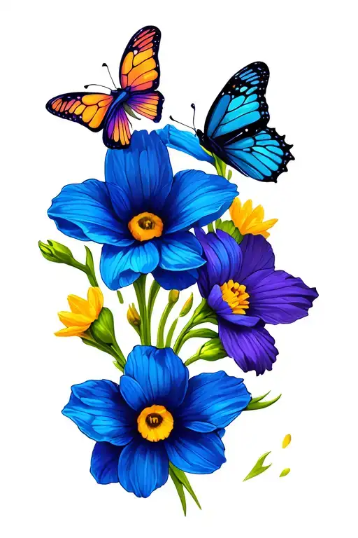 Daffodil Daisy Sweet Pea Flowers With 3 Butterflies