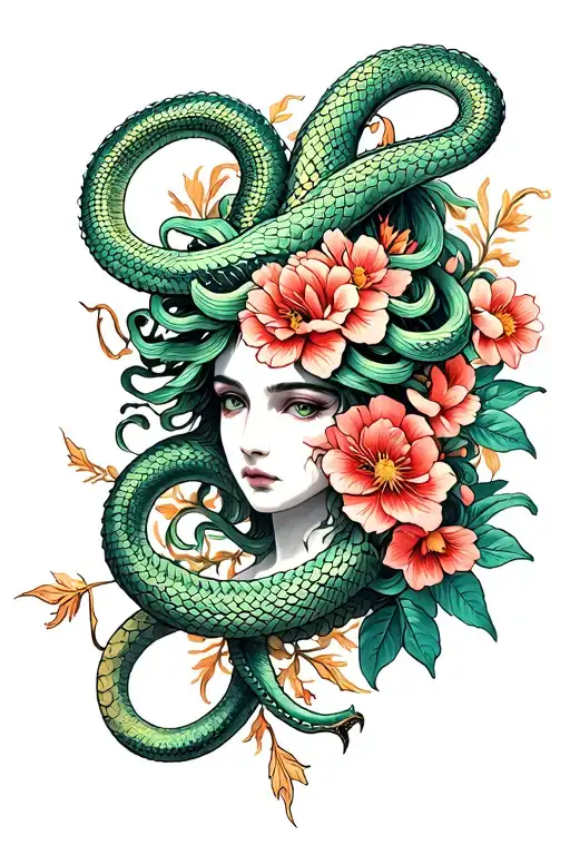 Medusa Gargon And Flowers And Snakes