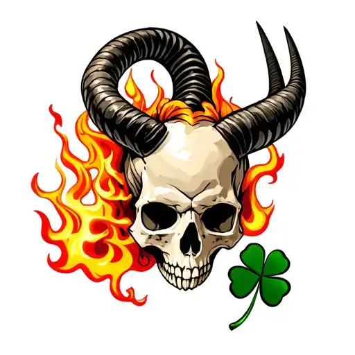 Capricorn Skull With Flames And Clover Leaf