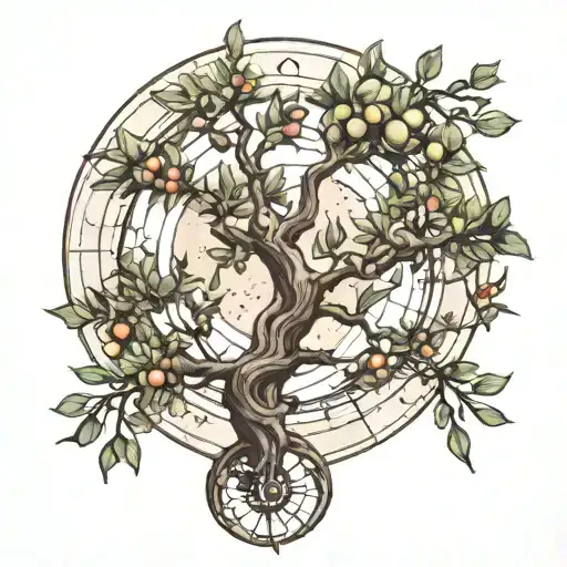 Moon Drawn As A Compass Pointing North In The Night Sky Over A Big Olive Tree