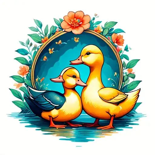 A Mother And Two Baby Ducks Playing