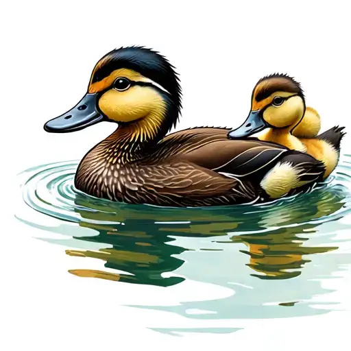 A Mother And Two Baby Ducks Swimming