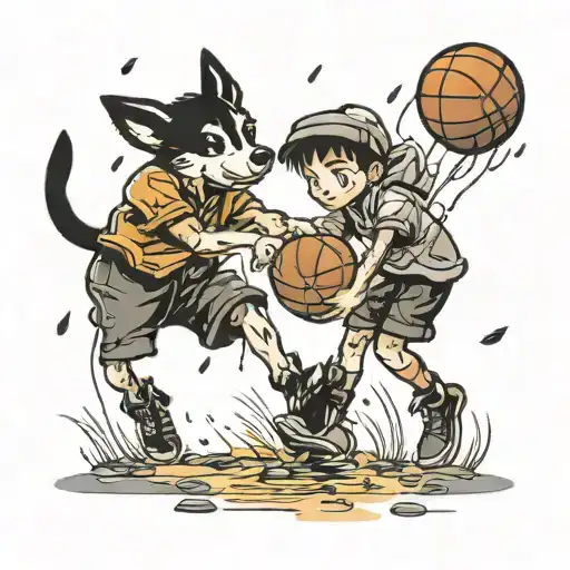 Boy And A Dog Playing Basketball In The Rain Falling