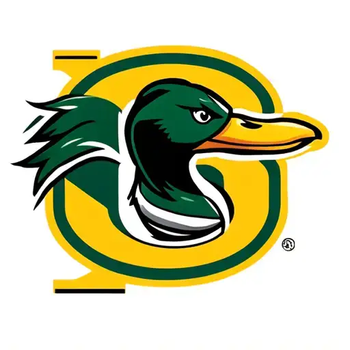 Oregon Duck Logo With A Line Cutting The O From The Upper Right To The Lower Left Green And Yellow