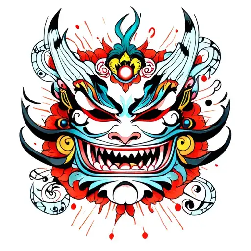 A Hauntingly Beautiful Yokai Mask With Musical Symbols Incorporated Into The Design