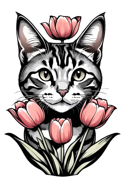 Tabby Cat Outline With Tulips Around His Face Black And Grey
