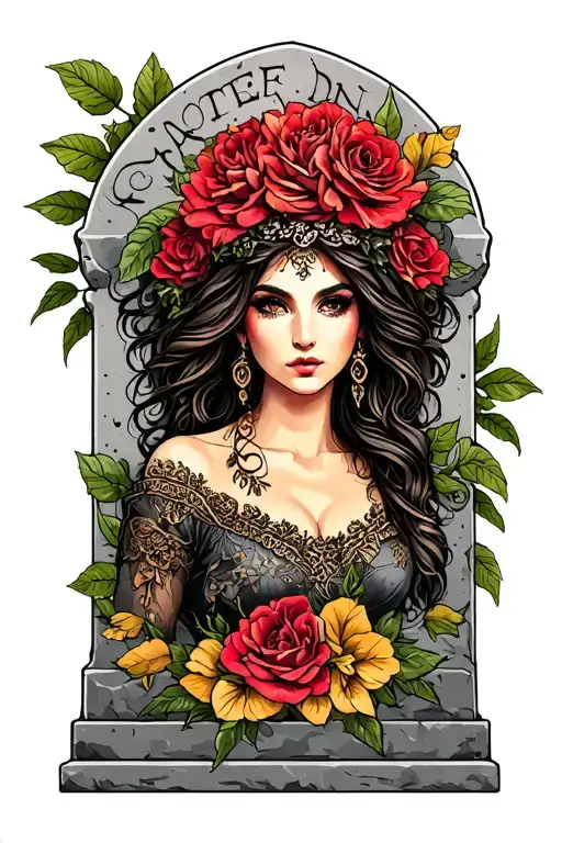 Neo Traditional Lady On Tombstone Forearm