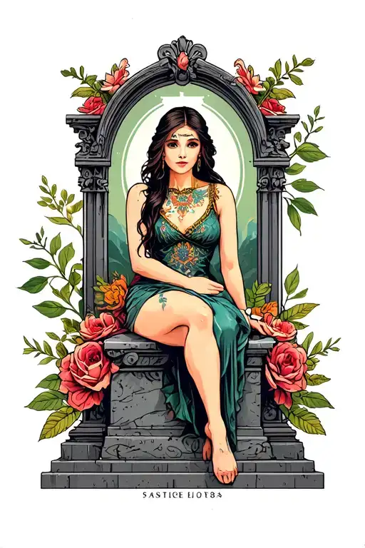 Neo Traditional Lady Sitting On Tombstone Forearm
