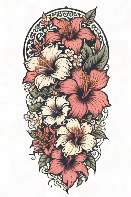 Wrist To Elbow Sleeve With Hibiscus Flowers And Lots Of Cherry Blossoms