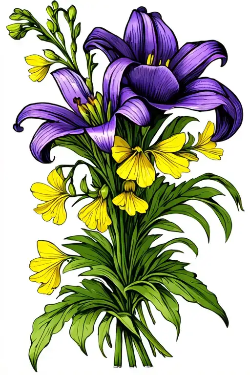 A Bouquet Consisting Of A Purple Flower Similar To A Lily With A Black Edging And A Yellow Toadflax