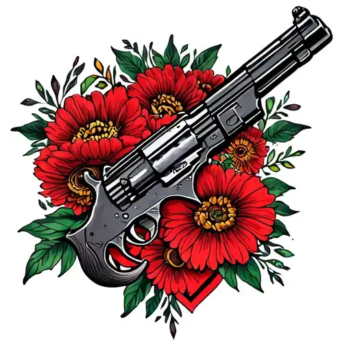 Arm Tattoo With A Hunter Of Flowers Guns And Hearts
