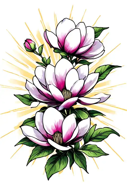 Magnolia Flowers With Stem And Light Rays Behind It