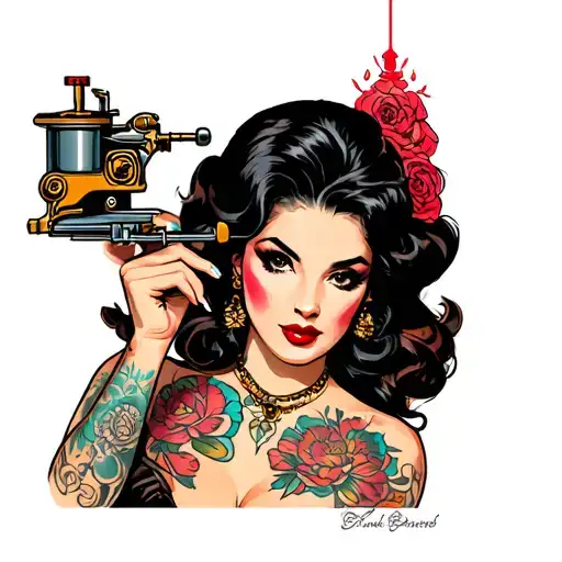 Pin Up Girl With A Tattoo Machine Cutting