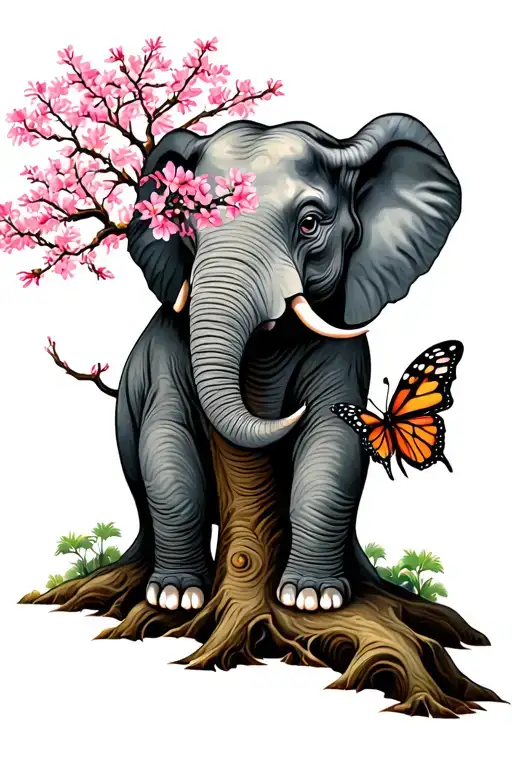 Elephat With Butterfly On Trunk In Front Of A Cherry Blossom Tree