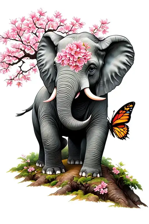 Elephat With Butterfly On Trunk Up In Front Of A Cherry Blossom Tree