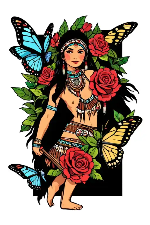 Native American Dancing Stick With Roses And Butterflys
