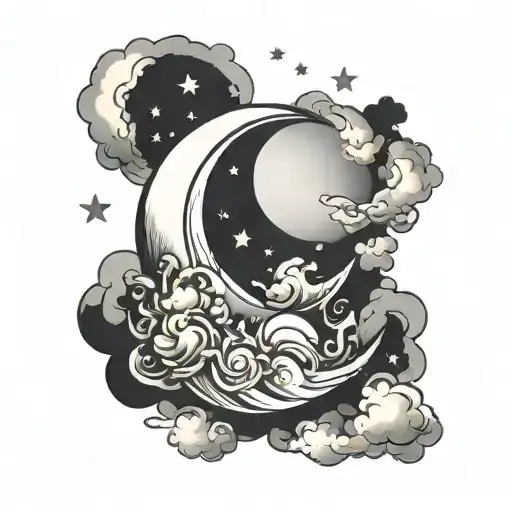 Crescent Moon In Clouds With Small Stars