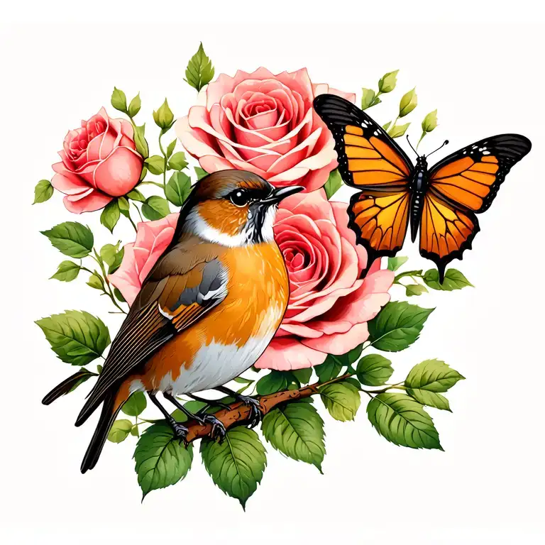 Robin And Butterfly And Yorkshire Rose