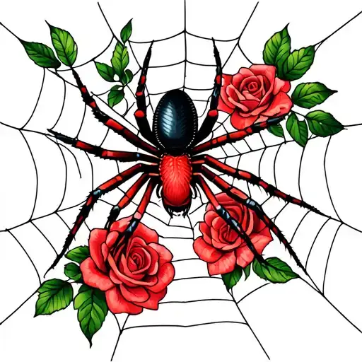 Redback Spider On Web With Roses Blooming