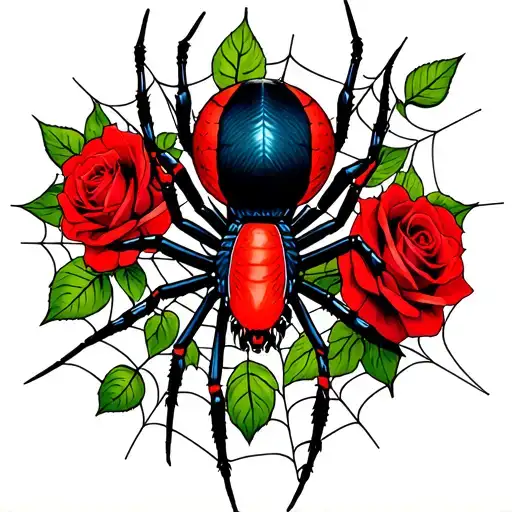 Realistic Redback Spider On Web With Roses