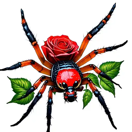 Realistic Redback Spider On Rose Covered In Webs