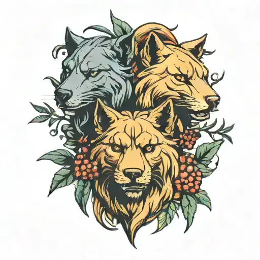 Cerberus Heads With Cypress Trees And Pomegranates