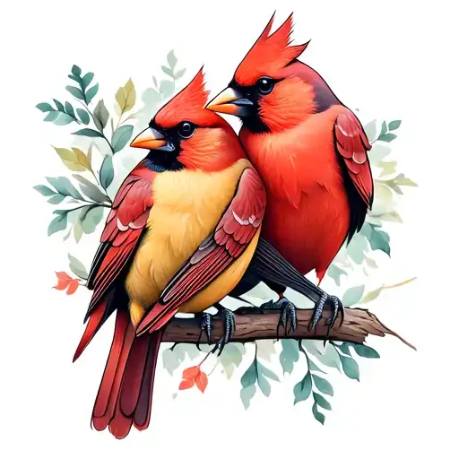 2 Cardinal Birds Sitting Together