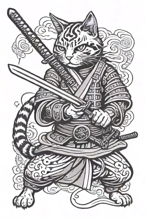 Cat Samurai Holding A Katana With Both Hands Pointinf Forward