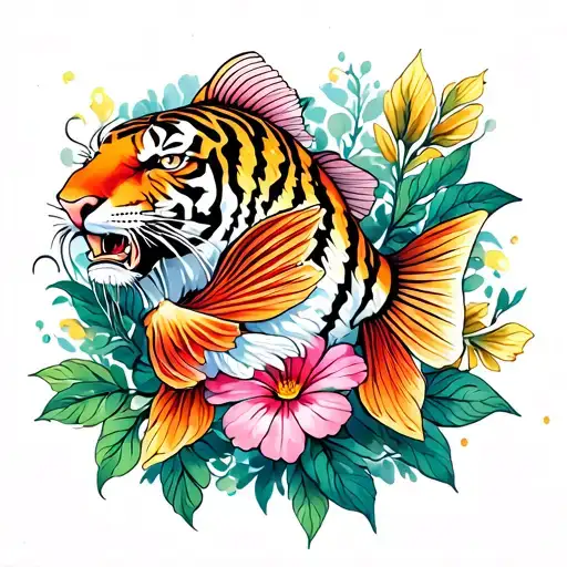 Tiger Oscar Fish And Flowers