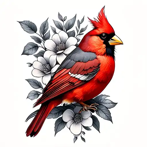 Neo Traditional Cardinal With Black And Grey Realism Flowers