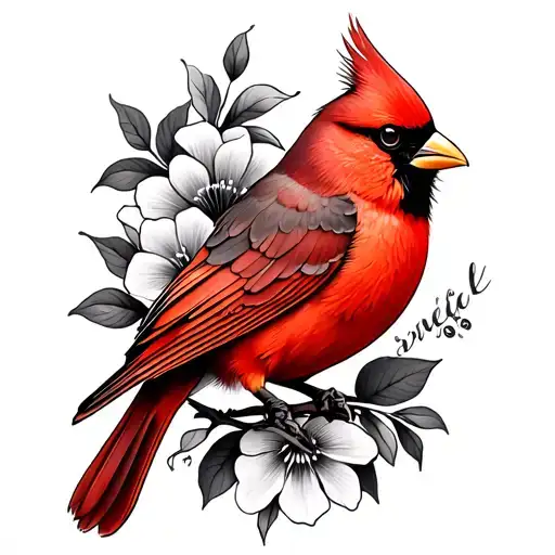 Neo Traditional Cardinal With Black And Grey Realism Flowers