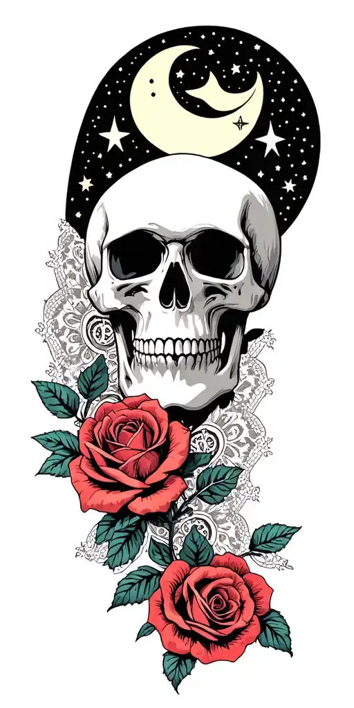 Skull Lace With Roses The Moon And Some Stars