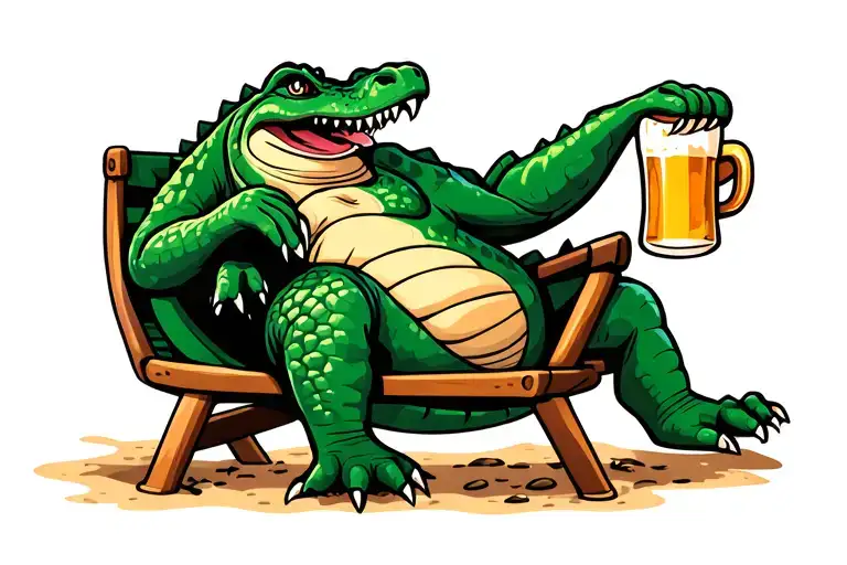 Cartoon Alligator Sitting On Beach Chair Drinking Beer