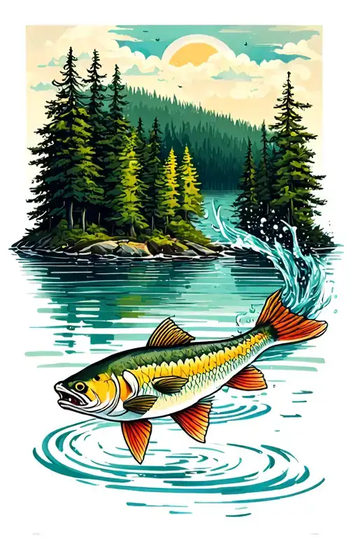 Lake With Forest And Fish Jumping