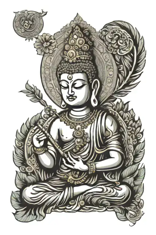 Gautam Buddha Playing Bansuri With Peacock Feather On Head Like Krishna