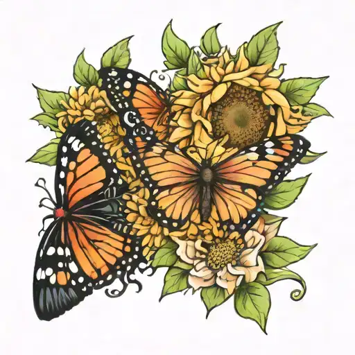 Marigold And Sunflower And Zinnia Flower With Butterfly