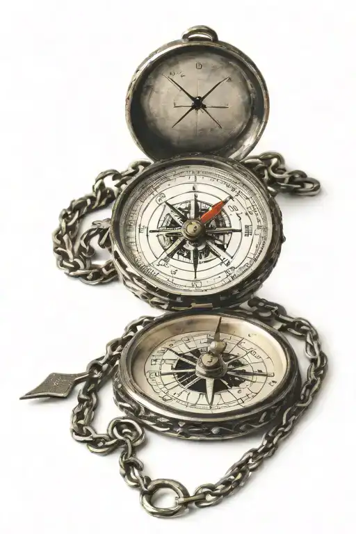 Antique Pocket Compass On A Chain Pointing North And The Pointer Extends Turning Into A Long Arrow
