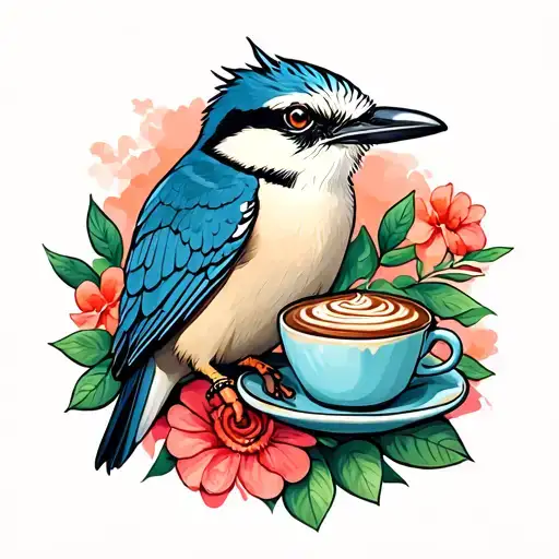 Kookaburra With A Coffee Cup And Cake