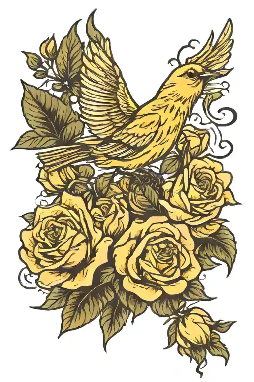 Flying Canary With Roses Blooming