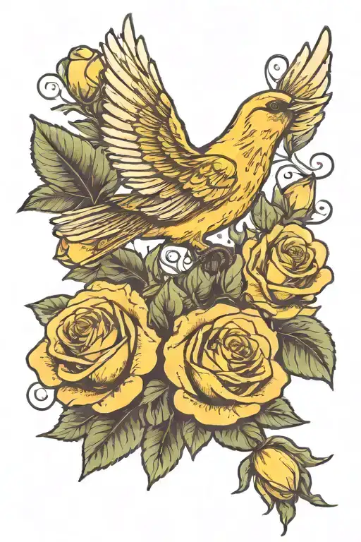 Flying Canary With Roses Blooming