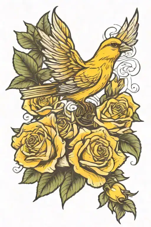 Flying Canary With Roses Blooming