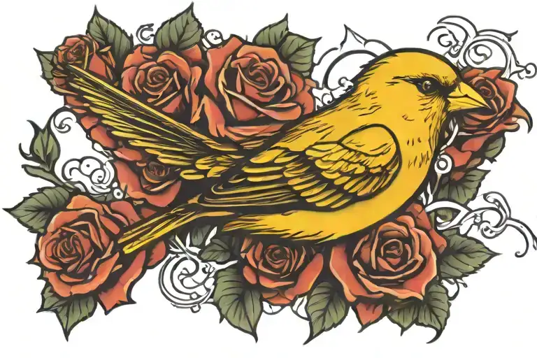 Canary Flying With Roses Blooming