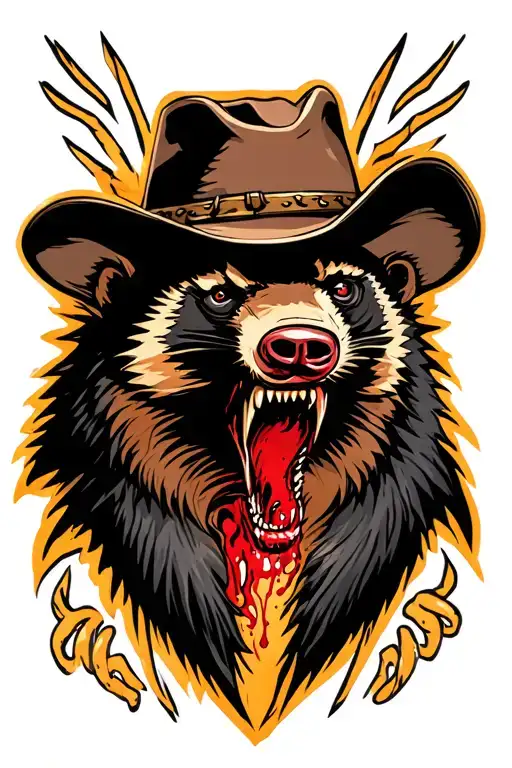 Angry Honey Badger Wearing A Cowboy Hat With Blood On Teeth
