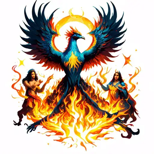 Phoenix Rising From The Ashes Surrounded By Celestial Gods In A Dynamic And Energetic Composition