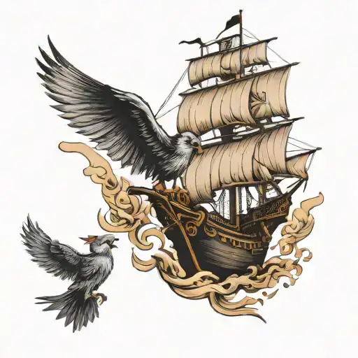 Pirate Ship And Bird With Open Wings