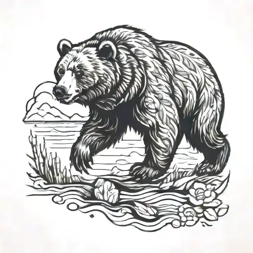 A Bear Walking Along In American Traditional Style